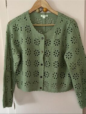 Ultra Pink Green Crochet Button-Front Cardigan